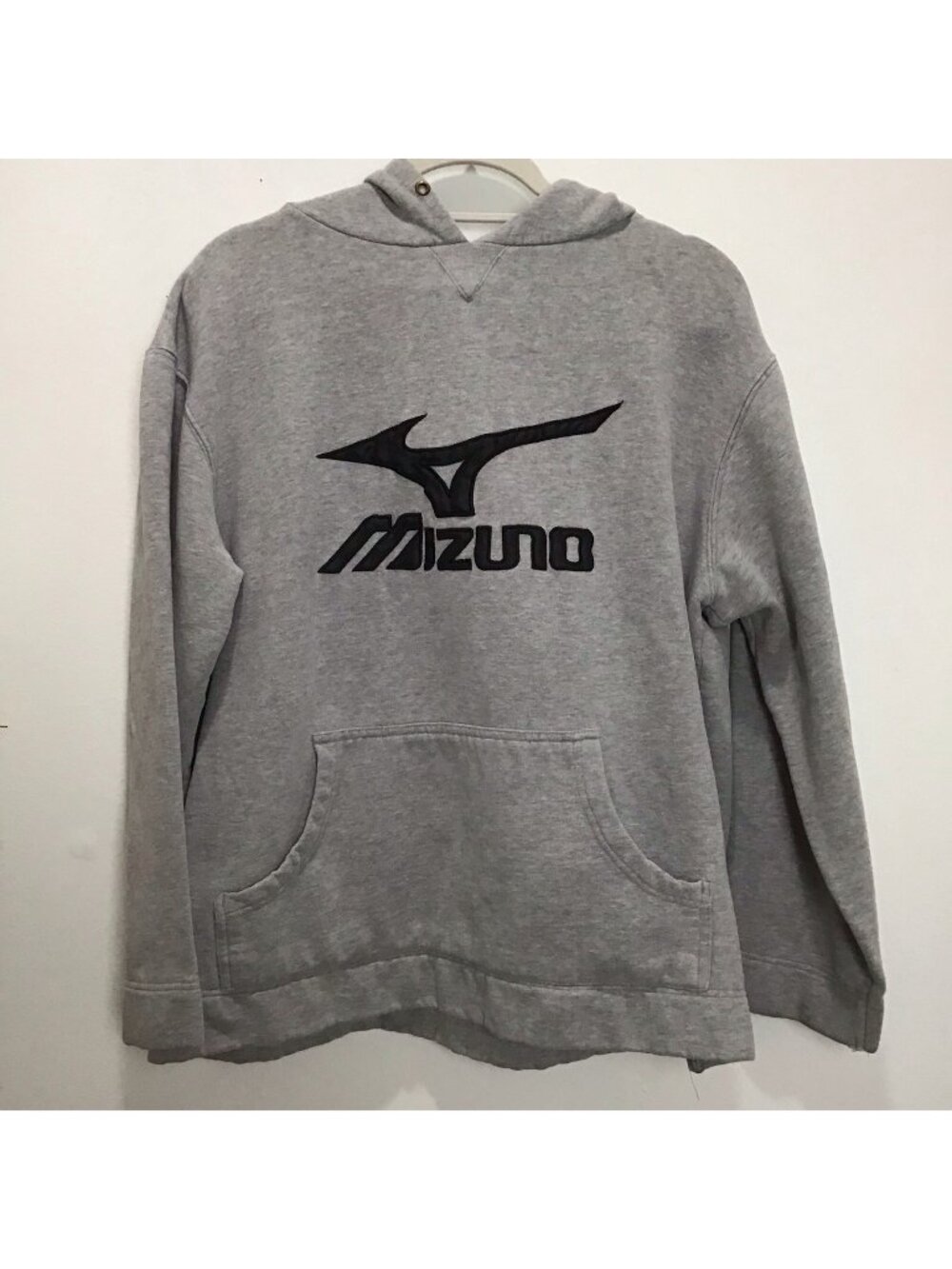 Mizuno Gray Pullover Hoodie Size L Black Logo Kangaroo Pocket